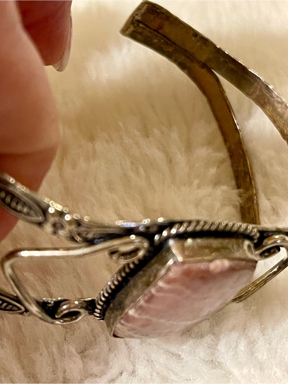 Pink Rhodochrosite Sterling Silver Style Ornate Cuff Bracelet - Picture 3 of 13